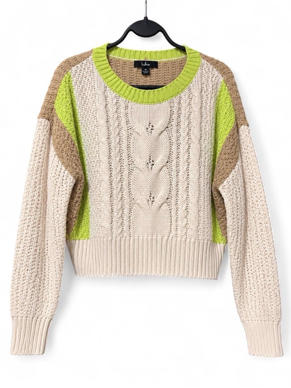 Lulus Colorblock Cable Knit Sweater Women’s Medium Cream Tan Lime Green